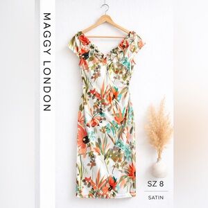 EUC Maggy London Floral Satin Dress Sz 8 Detailed Neck Elegant Cocktail Wedding